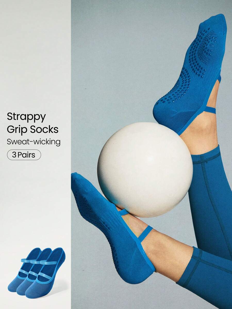 GLOWMODE 3 Pairs Yoga & Pilates Non-Slip Grip Socks With Seamless Toe Construction Yoga Daily - Mykonos Blue - View 1