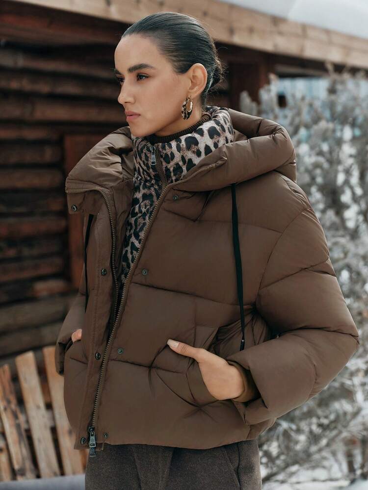 여성용 고급 레오파드 프린트 후드 드로스트링 재킷, 가을, 가을, 겨울, 외출, 우아하고 세련되고 캐주얼한 패셔너블한 두꺼운 겉옷