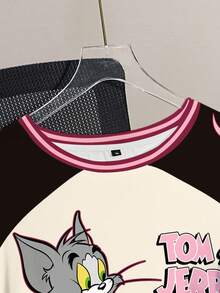 TOM & JERRY X SHEIN 大码休闲拼色字母和卡通图案圆领短袖T恤，夏季 - 白色 - 查看 3