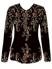 EMERY ROSE Plus Size Women Floral Allover Print And Embroidered Zip-Up Top - Multicolor - View 3