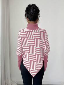 Selianne Women's Elegant High Neck Geometric Textured Poncho Sweater, Colorblock, Suitable For Home & Travel, Spring/Autumn - Baby Pink - View 2