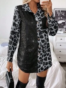 EMERY ROSE Women's Leopard Print Party Autumn And Winter Music Festival Casual Home Date Black Sequin Button Splicing Color Block Loose Long Sleeve Shirt - Grey - View 5