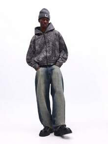 SUMWON Men Leopard Print Zip Up Hoodie With Drawstring Hood And Centre Pocket Streetwear Jacket Casual - Grey - View 3