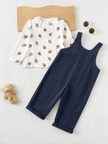 Cozy Pixies 2pcs Baby Boy Cartoon Animal Pattern Knit Soft Crew Neck Long Sleeve Pullover Top And Bib Overalls Pants Set