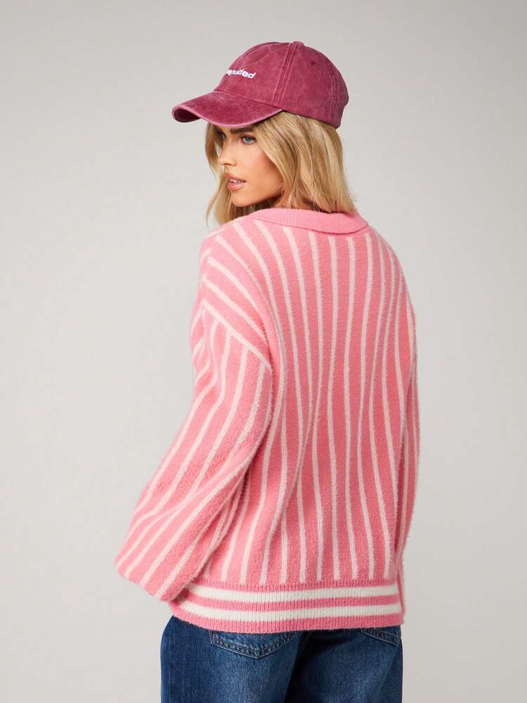 MISSGUIDED Striped Fluffy Knit Collared Button Up Cardigan With Logo Branding