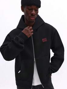 SUMWON 宽松版型拉链连帽衫，饰有大骰子图案标志印花 - 休闲街头都市风外套 - 黑色 - 查看 3