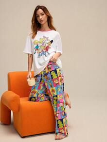 Nick 90s | SHEIN Women Cartoon Figure Graphic Round Neck Short Sleeve Top And Long Pants Pajama Set - Multicolor - View 5