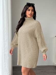 SHEIN EZwear 大码高领宽松粗针织灯笼袖毛衣连衣裙，秋冬款 - 杏色 - 查看 5