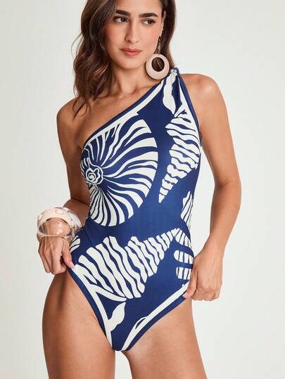 CAJUNI 女士藏蓝色连体衣，饰以米色贝壳印花，优雅的单肩设计。