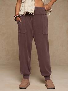 Freevana Plus Size Women Solid Color Elastic Waist Pockets Casual Harem Pants - Mocha Brown - View 3