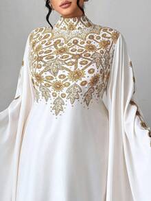 Elenzga 加大码女式优雅皇家简约度假宽松抽绳腰超长袖印花立领长裙，深色女性时尚（星期三美学），秋季 - 米色 - 查看 3