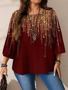 EMERY ROSE Chemise ample à col rond, imprimée sur tout le corps, manches 3/4, pour femmes grandes tailles, automne/hiver - Rouge foncé - Voir 6