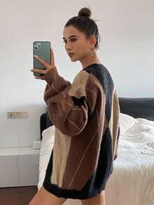 Livesso 女式格子拼色落肩长袖休闲宽松毛衣，秋冬 - 咖啡棕 - 查看 2