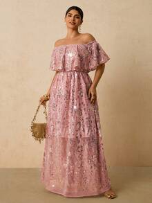 Travachic Vestido maxi elegante y romántico de hombros descubiertos con mangas de murciélago en color rosa para mujeres de talla grande para fiestas y días festivos - Rosa - Ver 1