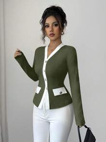 Elenzga 女士黑白拼接长袖修身T恤 - 軍綠色 - 查看 1