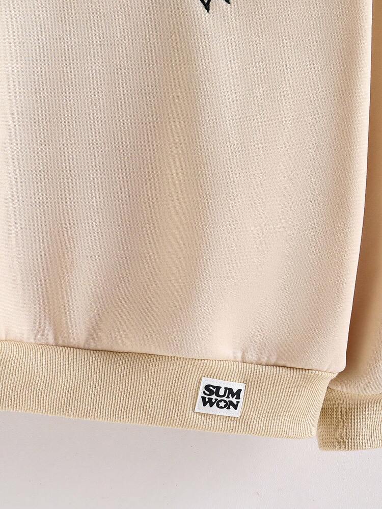 Ribbed Bow Print Crew Neck Sweatshirt