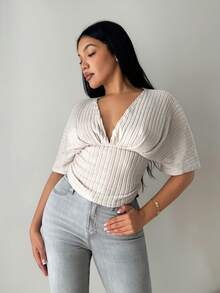 SHEIN SXY Women's Solid Deep V-Neck Batwing Short Sleeve Ribbed Fitted T-Shirt - Apricot - View 3