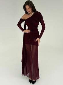 Aloruh 女士紫色褶皱雪纺连衣裙，垂肩设计 - 紫色 - 查看 1