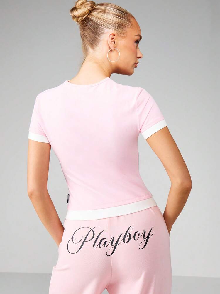 Missguided x Playboy Logo Short Sleeve Ringer Tee With White Contrast Trim For Casual Summer Outfits