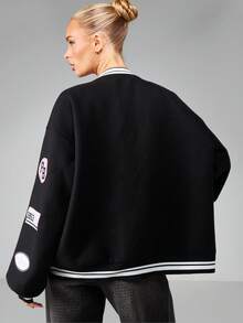 Missguided x Playboy Oversized Graphic Varsity Bomber Jacket With Patches And Ribbed Trim For Winter - Black - View 2