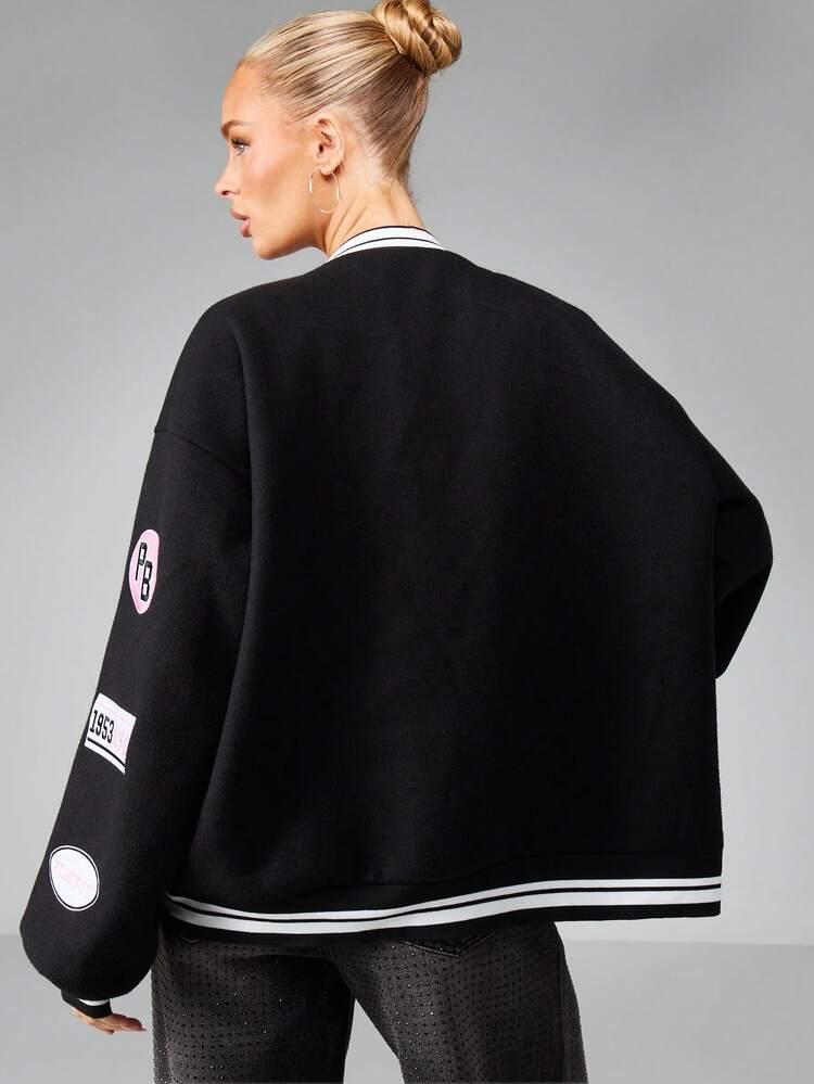 Missguided x Playboy Veste bomber oversize de style universitaire avec graphiques, patches et bordures côtelées pour l'hiver
