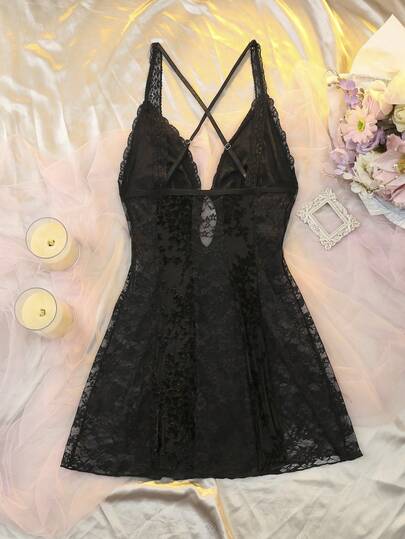 DelicateAllure able, Elegante Verleidelijke Spaghetti Strap Hollow Neck Doorschijnende Women Nightgown Sleep Dress Lingerie Babydoll Kanten view 9