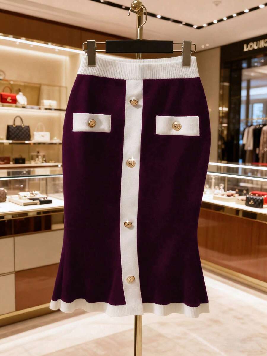 GlowEve 优雅紧身裙，黑白撞色金属纽扣简约复古风格女式裙子，适合通勤和聚会 - 酒紅色 - 查看 1