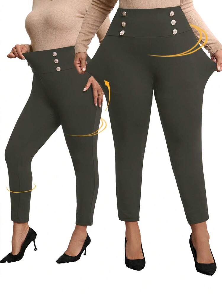 Pantalon skinny élastique à double boutonnage grande taille, Leggings moelleux