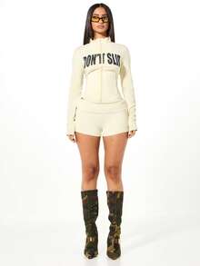 SUMWON WOMEN Don't Slip Funnel Neck Full Zip Sweatshirt With Centre Pocket And Motivational Slogan For Casual Comfort - Apricot - View 5