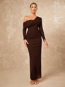 Lumalex Women's Elegant Sexy Burgundy Asymmetric Collar Criss-Cross Ruched Waist Slit Hem Long Sleeve Bodycon Dress, Spring/Summer - Brown - View 1