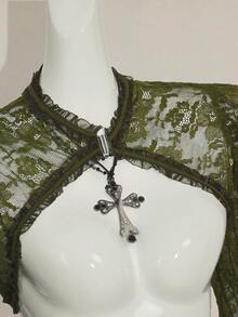 SHEIN ICON Women's Gothic Lace Bell Sleeve Long Hem Halloween Costume T-Shirt - Army Green - View 5