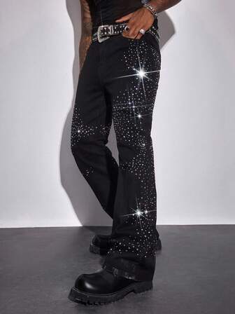 Street Life Herren Jeans mit Schlaghose, Taschen und Strass-Verzierung