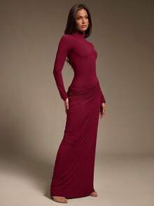 Hauture Women's Sexy Mock Neck Ruched Asymmetric Second Skin Jersey Stretchy Long Sleeve Maxi Dress - Burgundy - View 4