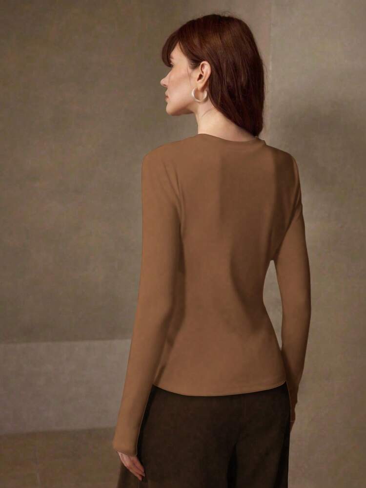 STRETCHY & SKIN-FRIENDLY SOLID COLOR ROUND NECK SLIM FIT FASHIONABLE LONG SLEEVE VERSATILE WOMEN'S BASE LAYER TOP