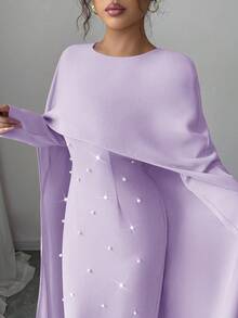 Elenzga 女士秋冬针织圆领长袖伞裙珍珠装饰修身长款派对连衣裙，优雅百搭 - 紫色 - 查看 6