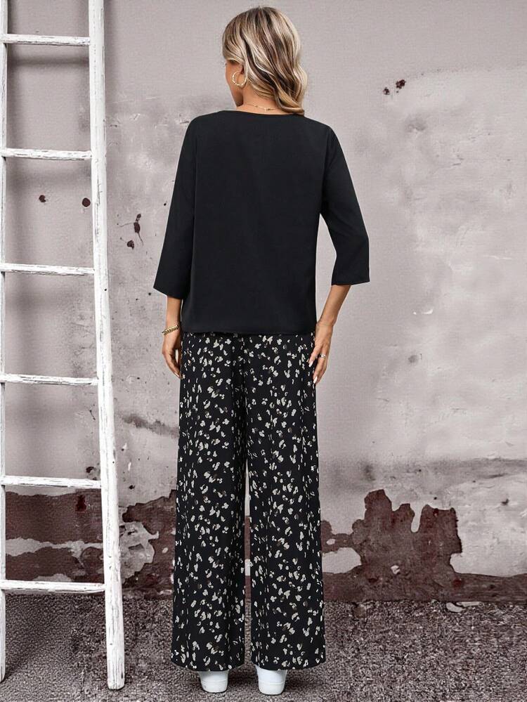 Women's Solid V-Neck 3/4 Sleeve Shirt And All-Over Print Wide Leg Pants Casual 2 Pieces Set