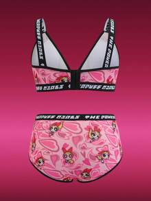 THE POWERPUFF GIRLS X SHEIN Bộ áo ngực và quần lót họa tiết hoạt hình chữ cái co giãn thoải mái cỡ lớn - Hồng - Xem 2