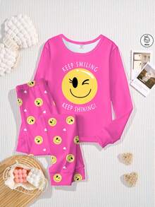 2件套少女可爱黄色印花圆领长袖上衣和打底裤针织面料舒适柔软高弹贴身睡衣 - 玫紅色 - 查看 4