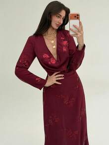 Aloruh 女士酒红色亮片深V领垂褶长款派对连衣裙 - 酒紅色 - 查看 1