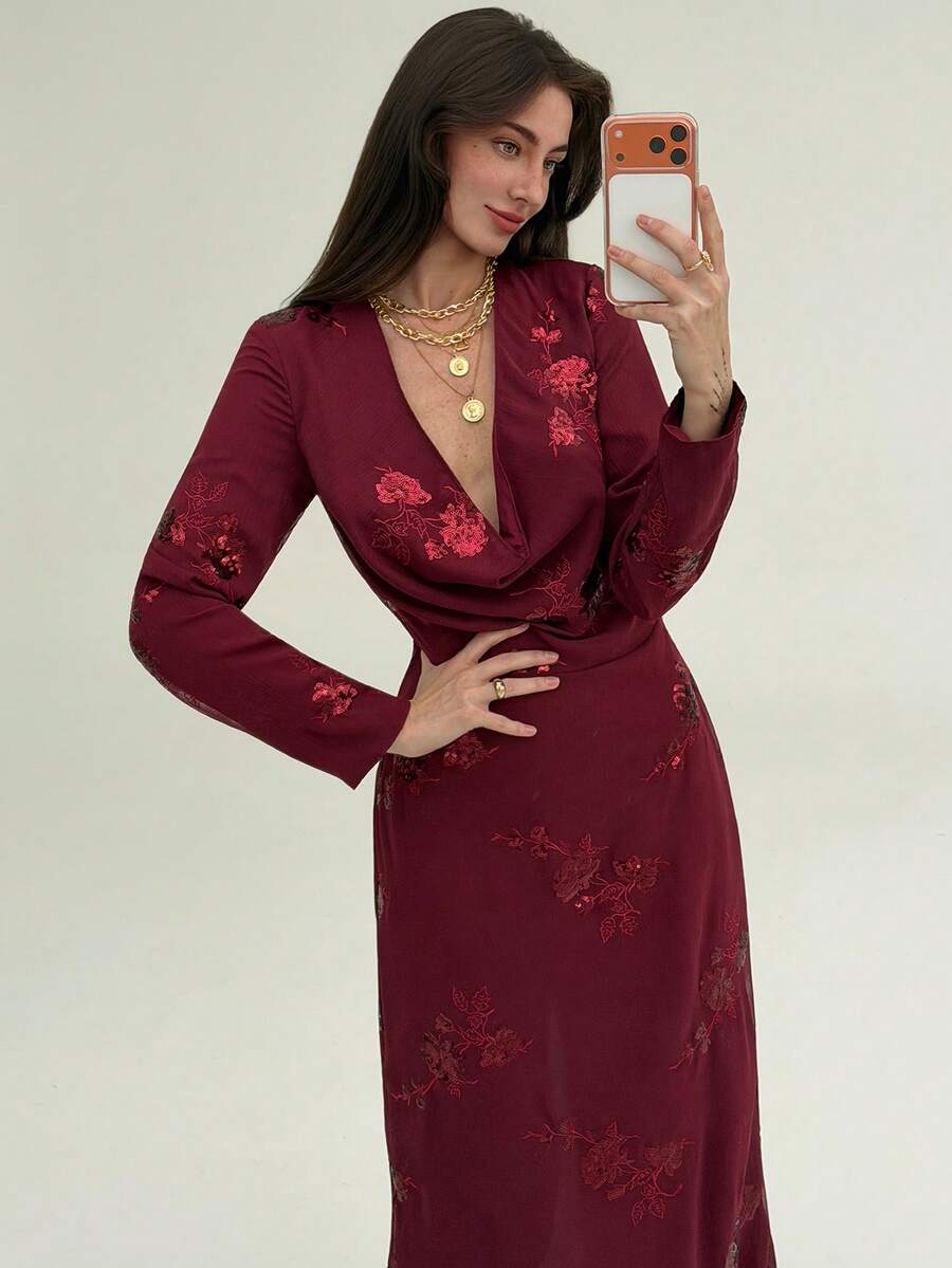 Aloruh 女士酒红色亮片深V领垂褶长款派对连衣裙 - 酒紅色 - 查看 1