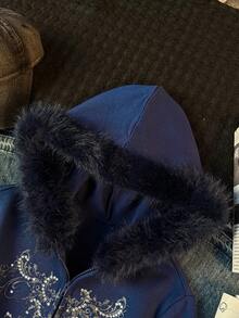 SHEIN EZwear 女士印花水钻仿毛皮拼接拉链卫衣 海军蓝卫衣 蓝色卫衣 刺绣卫衣 拉链卫衣 深蓝色卫衣 仿毛皮卫衣 - 藏蓝色 - 查看 3