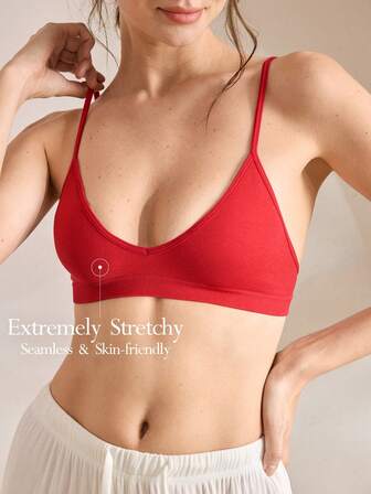 Ocili Red Rib-Knit Bralettes For Women Casual Comfy Compression Crop Top Style Seamless Bralette Seamless Push Up Bra V Neck Bra