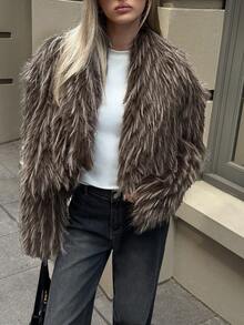 Aloruh Women's Grey Winter Street Wear Night Out Fashionable Long Sleeve Open Front Faux Fur Jacket,Fluffy Thick & Warm Fox Fur Coat,Mid-Length Outerwear - Black - View 8