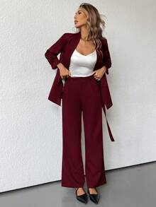 SHEIN BIZwear Solid Color Elegant OL Office Workwear Side Tie Design Flare Pants Suit  - Red - View 6