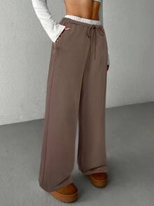 SHEIN EZwear 咖啡棕色针织女式休闲阔腿运动裤 - 咖啡棕 - 查看 3