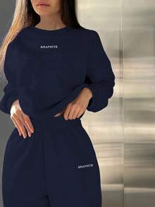 INAWLY 2 件套女士圆领长袖字母印花休闲上衣和裤子套装 - 藏蓝色 - 查看 4