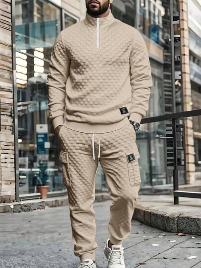 Manfinity Homme Men's Casual Solid Color Textured Pullover Pullover Sweatshirt And Sweatpants Set