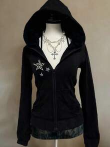 SHEIN Teen Girl Knit Sweatshirt With Star & Leopard Print, Casual Sporty Minimalist Classic Hooded Sweatshirt Jacket, Autumn/Winter Star Sweatshirt Black Sweatshirts Black Jacket With Hood Black Zip Up Sweatshirt