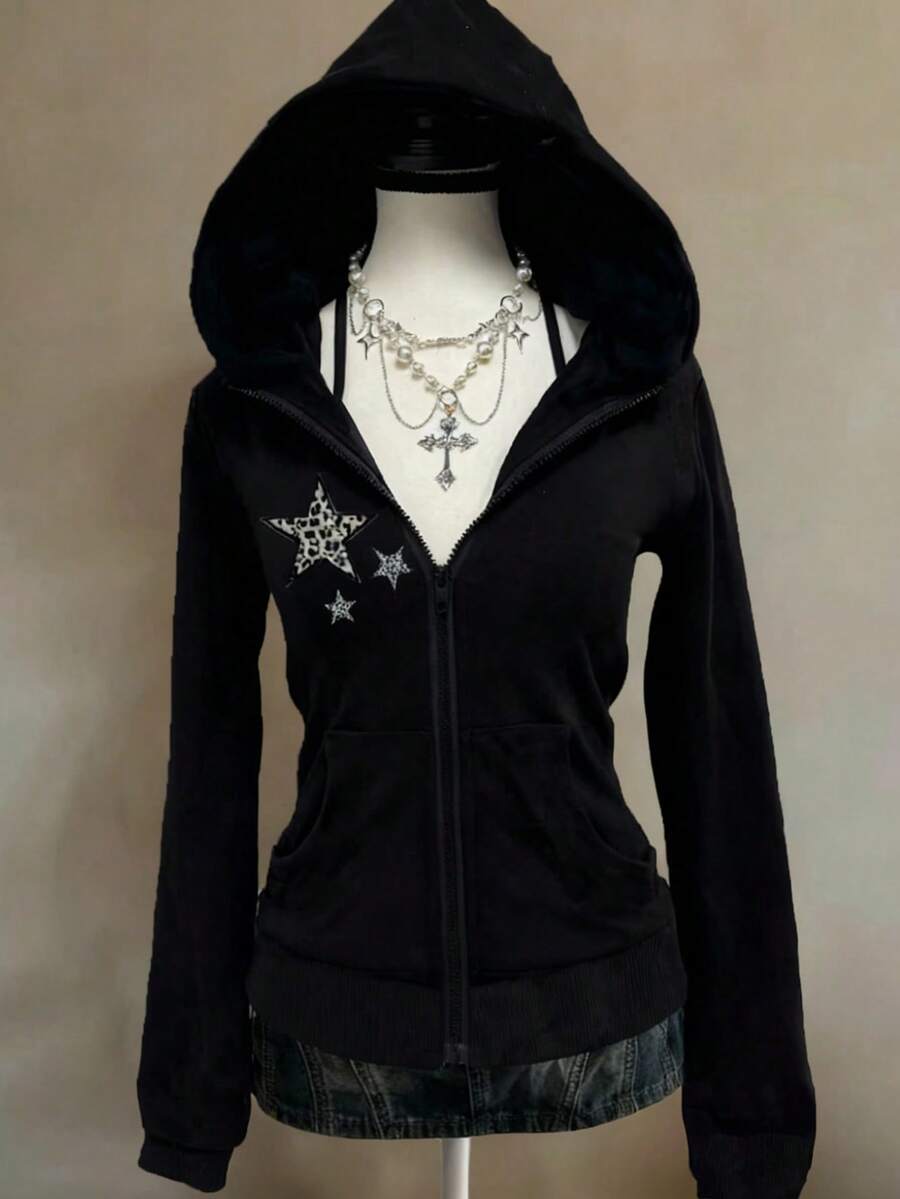 SHEIN Teen Girl Knit Sweatshirt With Star & Leopard Print, Casual Sporty Minimalist Classic Hooded Sweatshirt Jacket, Autumn/Winter Star Sweatshirt Black Sweatshirts Black Jacket With Hood Black Zip Up Sweatshirt