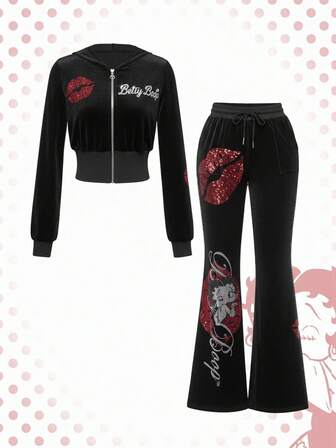 Betty Boop | ROMWE Women's Y2K Velvet Cartoon Character Red Lip Rhinestone Zipper Hooded Jacket And Flare Leg Pants 2 Pieces Set